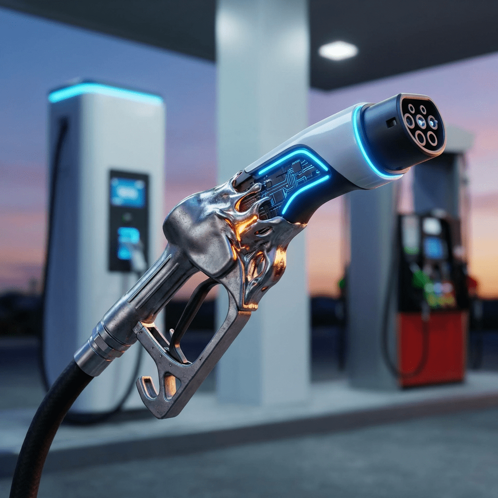 A conceptual fusion of a gasoline pump handle and an electric vehicle charger.