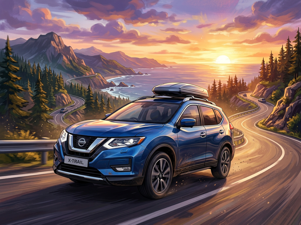 Blue Nissan X-Trail SUV driving on curvy coastal road with sunset and mountains