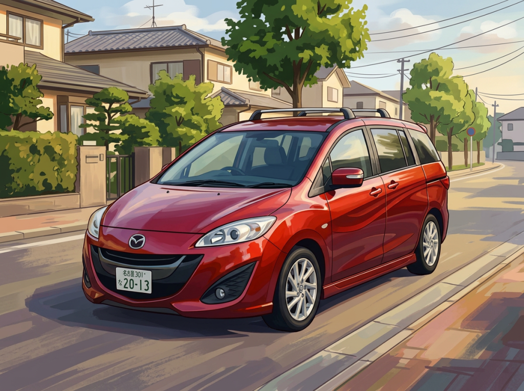 Red Mazda wagon car parked by curb on suburban street