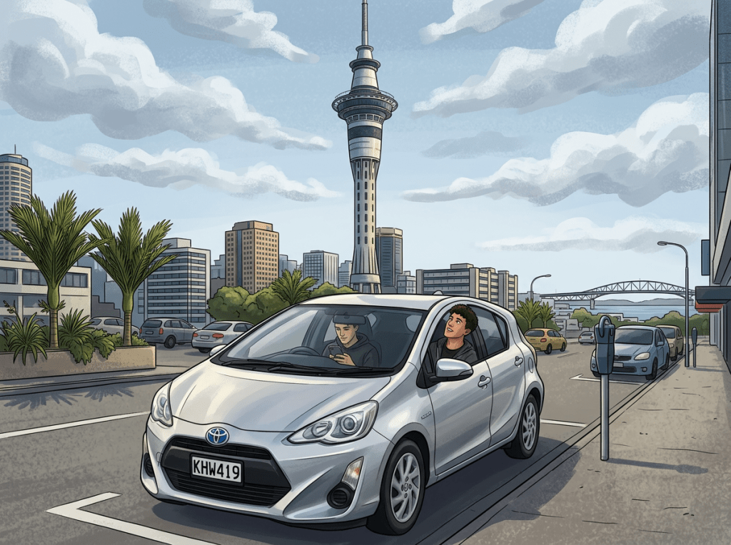 Silver car parked on street near city tower with two people inside