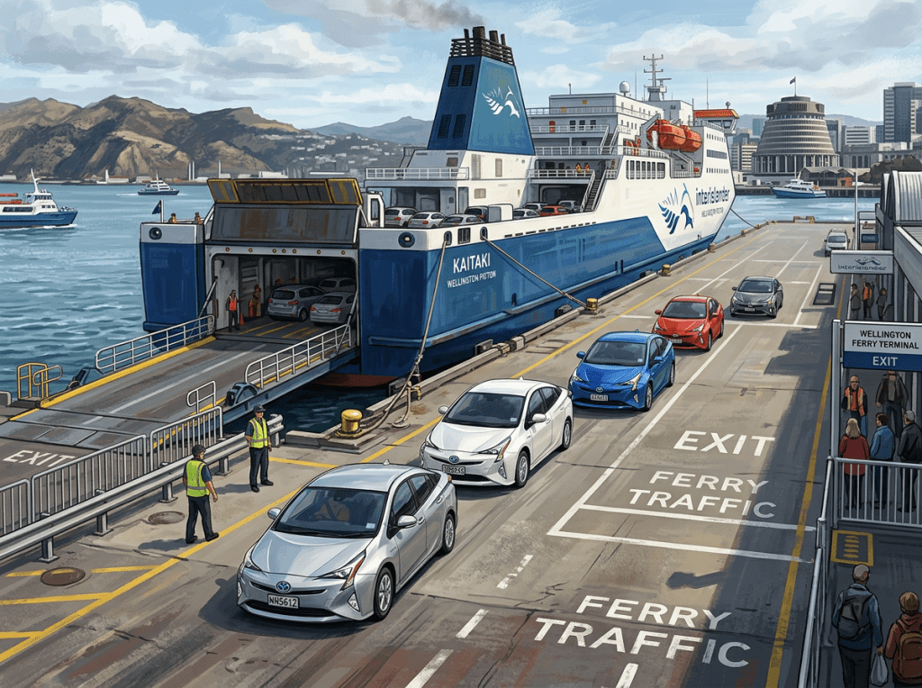 Cars boarding and exiting the Interislander ferry Kaitaki at Wellington Ferry Terminal in Wellington harbor