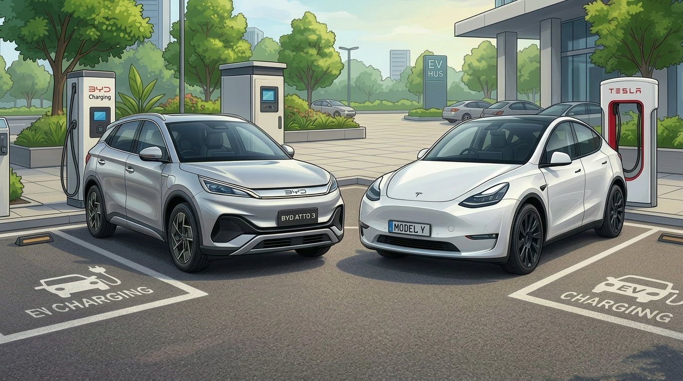 BYD ATTO 3 and Tesla Model Y electric SUVs charging in parking lot