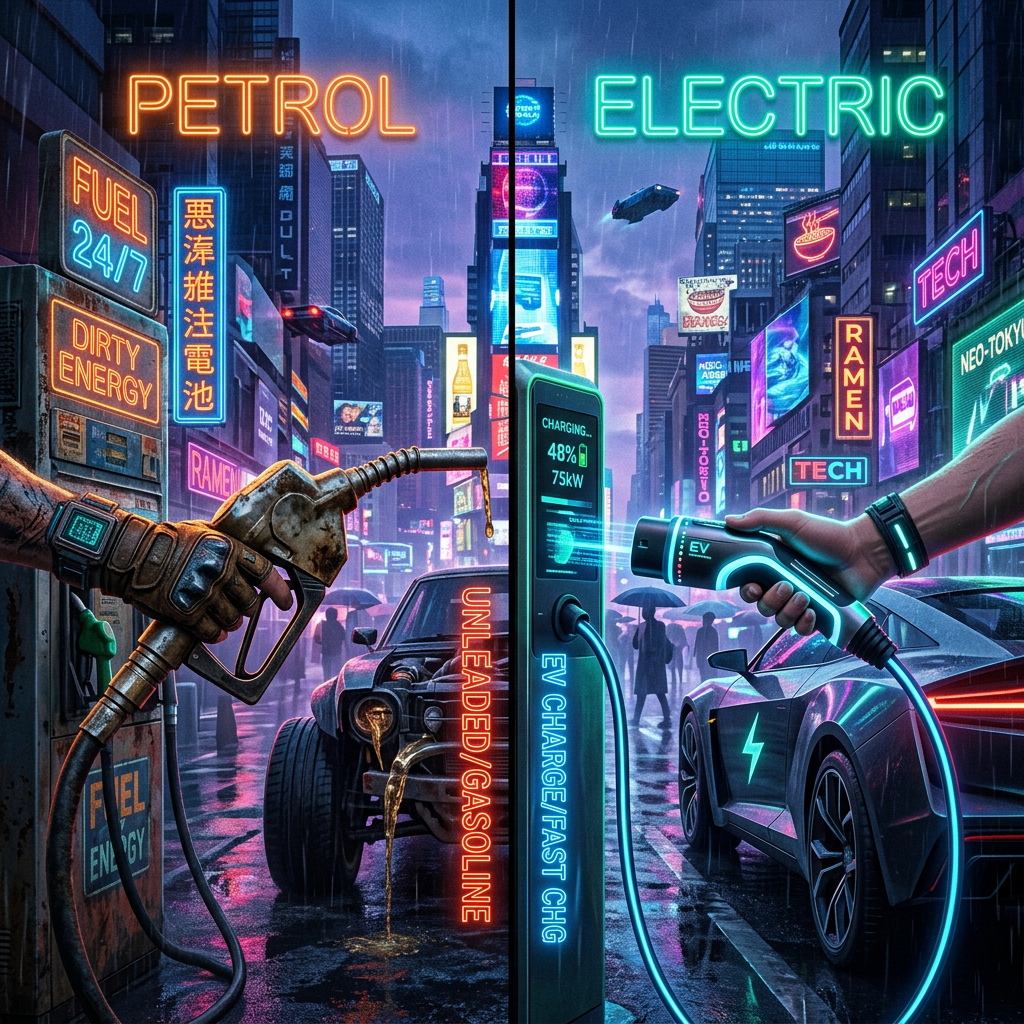 Split petrol nozzle and EV plug twilight city