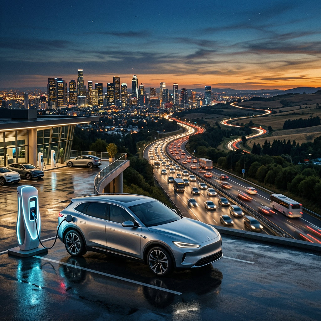 Silver electric car charging at a rooftop station above a city highway